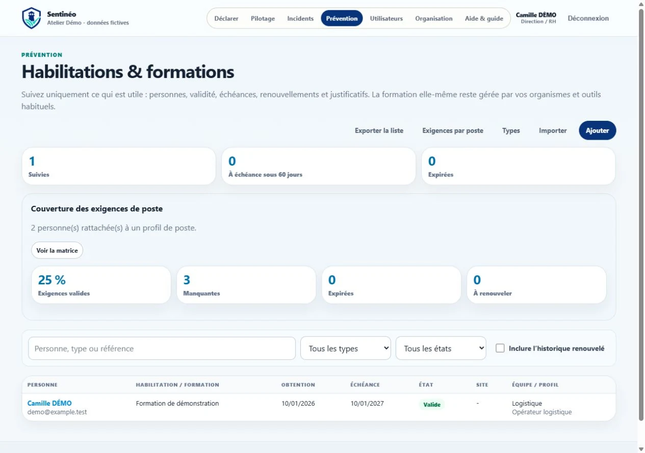 Suivi des habilitations et formations dans Sentinéo.