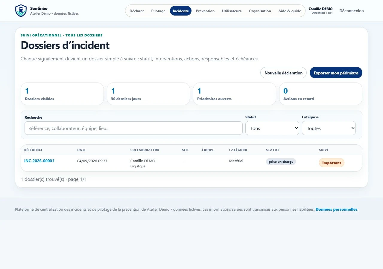 Liste des incidents dans Sentinéo, avec les filtres, les statuts et les responsables.